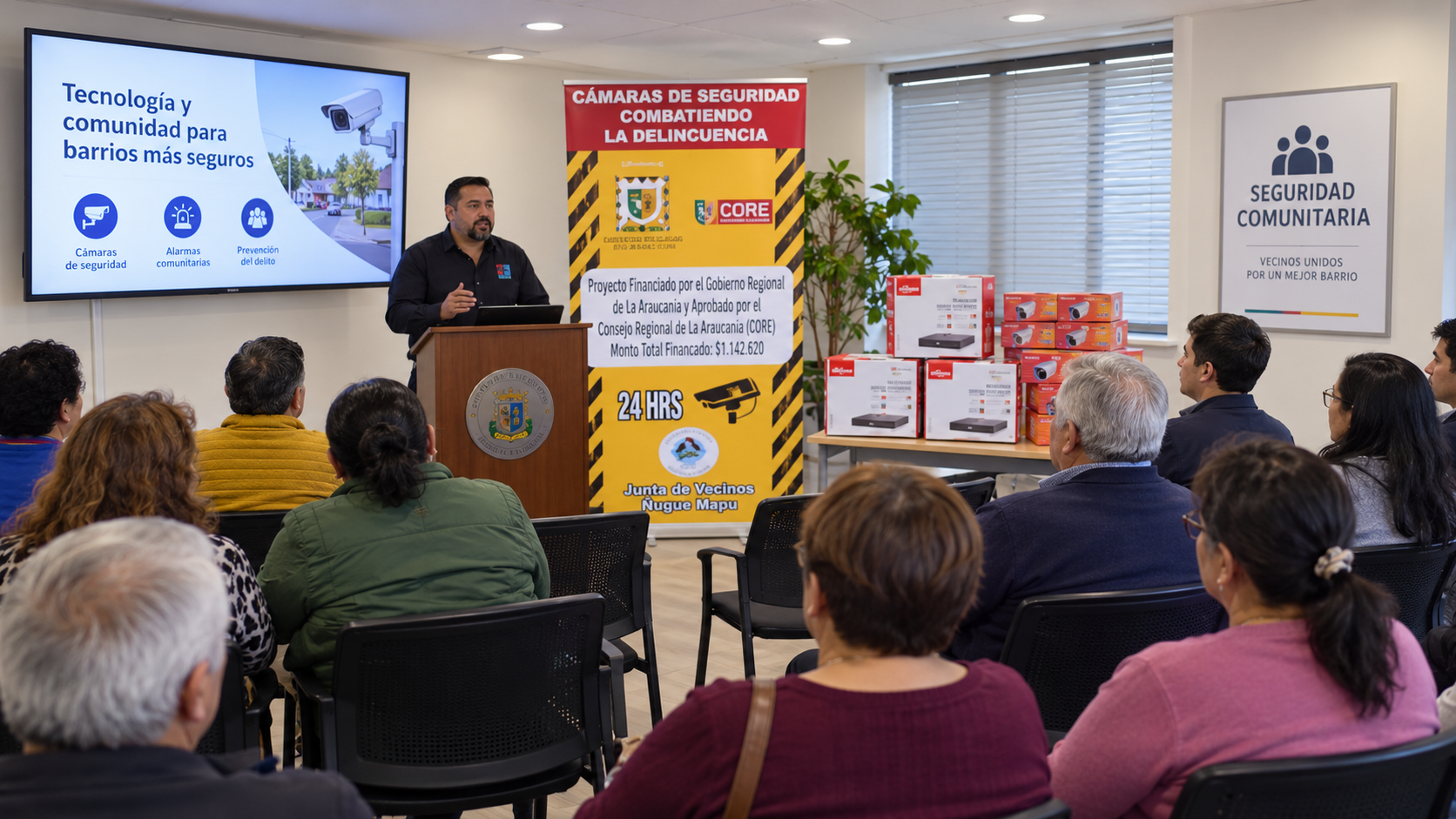 Presentaci&oacute;n de seguridad ante vecinos en una oficina