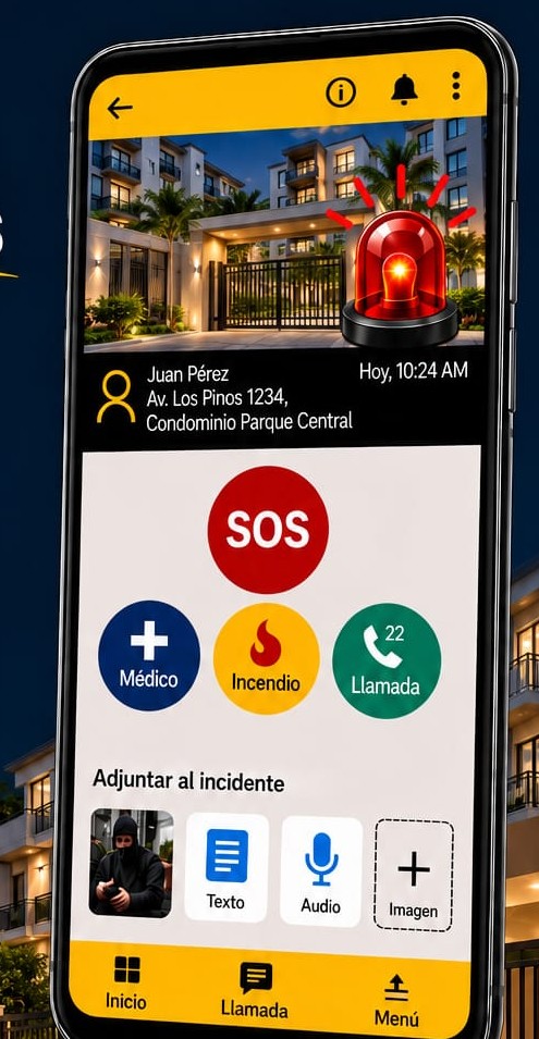 Aplicaci&oacute;n de alarma residencial con botones SOS, M&eacute;dico e Incendio