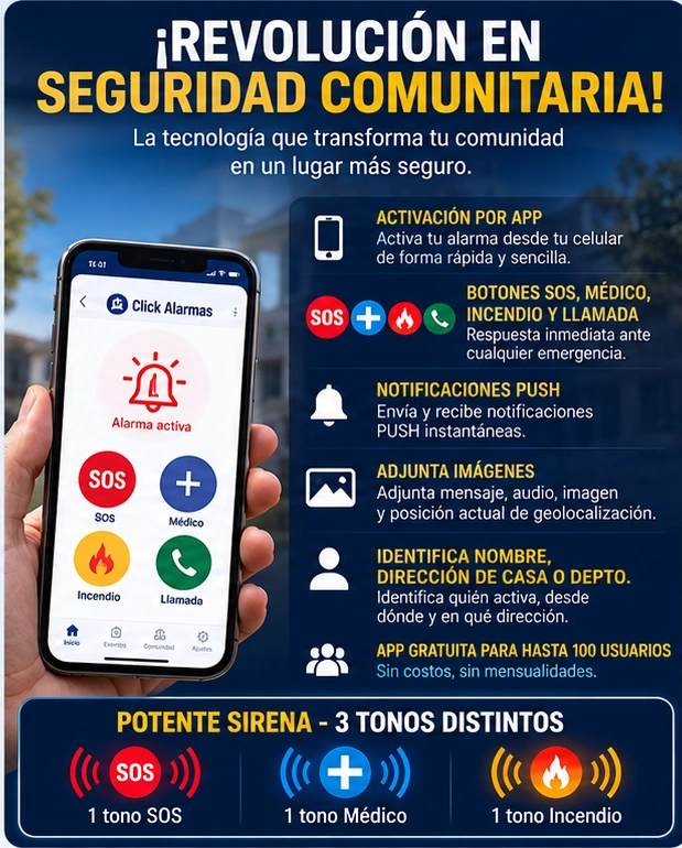 Alarma comunitaria por aplicacion: SOS, emergencias, notificaciones, identificacion de usuario y tonos de sirena