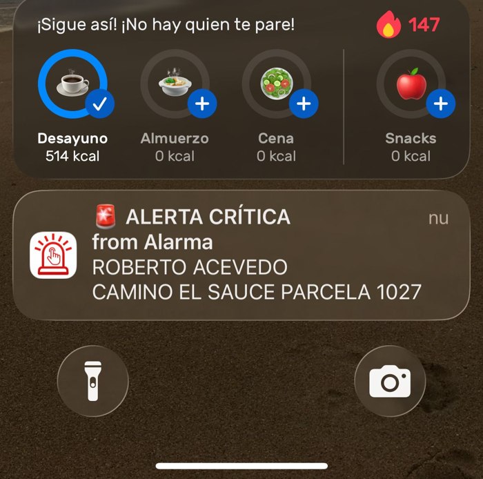 Pantalla de notificación de alarma comunitaria en celular